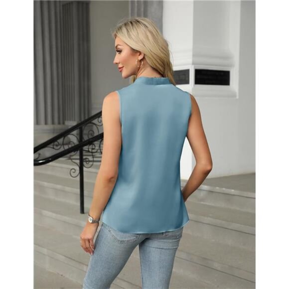 Satin V-Neck Blouse | Sleeveless Button Front Top | Dressy Casual Tank - Picture 2 of 5